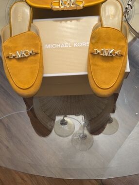 Michael Kors Mustard Yellow Suede Mule Loafers with Gold MK Hardware